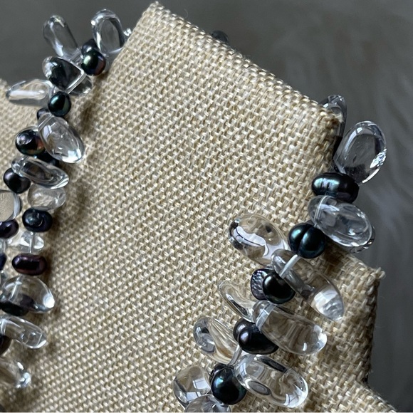 Rock Crystal Gemstones Black Rainbow Freshwater Pearls Two Strand 17"  Necklace - Picture 9 of 13